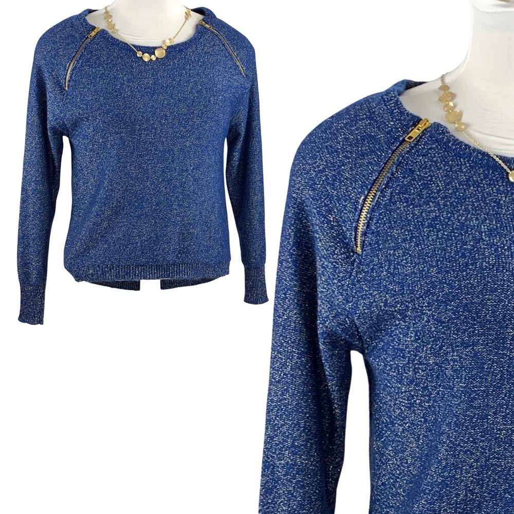 BISOU BISOU Blue w/ Metallic Zippered Shoulders Long Sleeve Sweater size Large